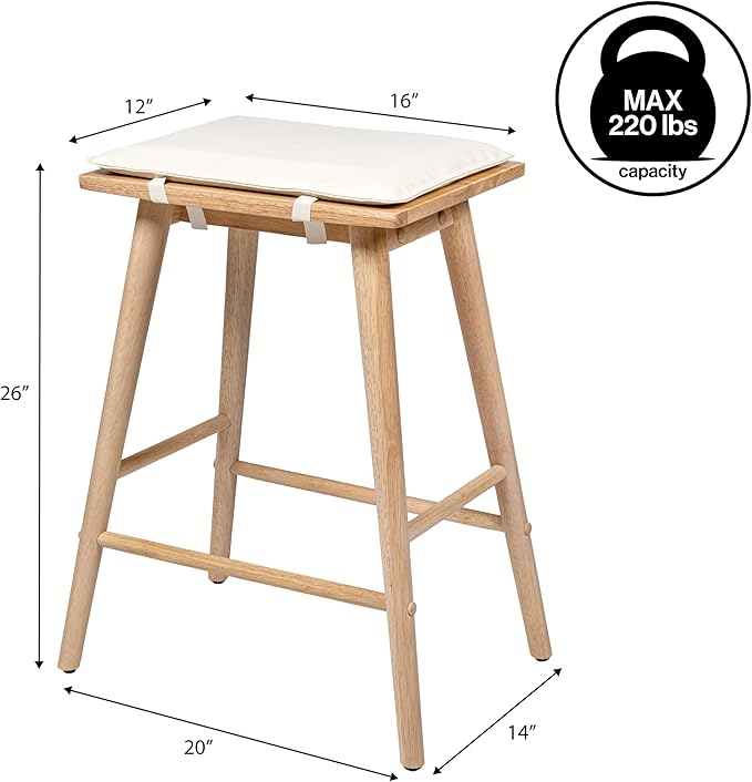 JONATHAN Y CSL2002B Peroni 26" MidCentury Classic Saddle-Seat Solid Wood/Vegan Leather Backless Counter Stool with Removeable Cushion for Pool, Deck, Poolside, Light Birch/Cream