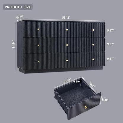 Fluted Dresser for bedroom, 55"W Black 9 Drawer Dressers, Wood Tall Dresser Storage Organizer, Modern Bedroom Chest of Drawers with Deep Storage for Closet Hallway, Entryway, Living Room Black
