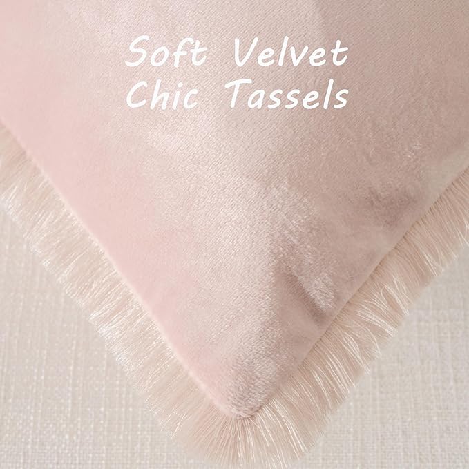 FUTEI Pink Velvet Decorative Throw Pillow Covers 18x18 Set of 2,Soft Cozy Edge with Tassels Cushion Case,Boho Modern Home Decor for Couch Bed Living Room