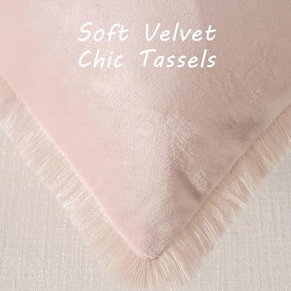 FUTEI Pink Velvet Decorative Throw Pillow Covers 20x20 Set of 2,Soft Cozy Edge with Tassels Cushion Case,Boho Modern Home Decor for Couch Bed Living Room