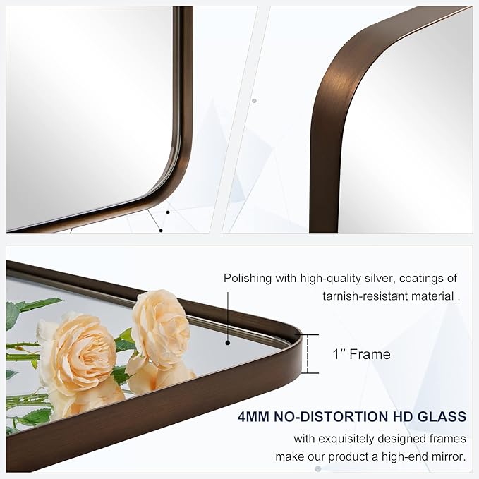 ANDY STAR Bronze Mirror for Wall, 30x36” Rounded Rectangle Bathroom Mirror, Modern Stainless Steel Metal Frame for Vanity