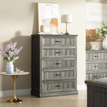 CARPETNAL Farmhouse Dresser and Nightstand Sets for Bedroom, 4 Pcs Bedroom Set, 5 Drawer & 6 Drawer Dresser and Nightstand Set of 2, Wood Chest of Drawers for Living Room, Entryway, Grey