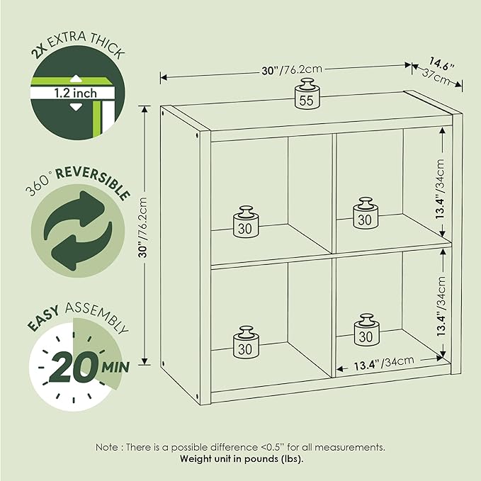 Furinno Cubicle Book Shelf, 4-Cube Thick Frame Bookshelf, Reversible Bookcase with Open Back, 14.6" x 30" x 30", for Living Room, Bedroom, Home Office, Sage Green