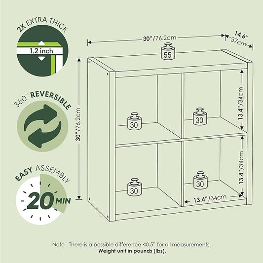Furinno Cubicle Book Shelf, 4-Cube Thick Frame Bookshelf, Reversible Bookcase with Open Back, 14.6" x 30" x 30", for Living Room, Bedroom, Home Office, Sage Green