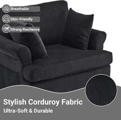 Karl home Swivel Accent Chair Set of 2, 39" Oversized Armchair W/2 Pillows and 4 Pockets,Modern Corduroy Barrel Chairs,Comfy Single Sofa for Living Room,Reading,Bedroom and Office-Black