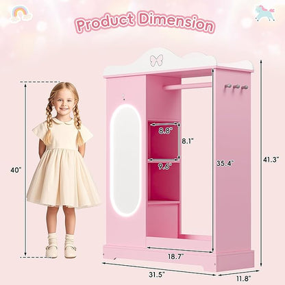 Xilingol Kids Armoire with a Jewelry Cabinet, Princess Dress Up Closet with Mirror, Kids Wardrobe Closet with Storage Shelves, Armoire Costume Organizer for Bedroom, Kids Room, Girl (Pink)