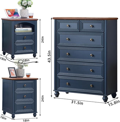 Farmhouse Dressers and Night Stand Set of 3, Wood 43.5'' Tall Dresser and 18'' Wide Chest of Drawers, Roman Column Nightstand Set of 2, Bedroom Furniture Dresser Suites for Living Room, Hallway, Home