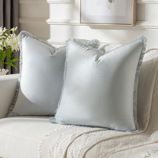 FUTEI Light Blue Velvet Decorative Throw Pillow Covers 16x16 Set of 2,Soft Cozy Edge with Tassels Cushion Case,Boho Modern Home Decor for Couch Bed Living Room