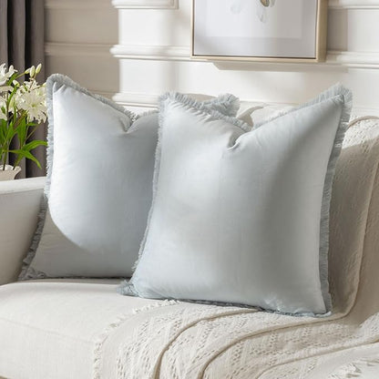 FUTEI Light Blue Velvet Decorative Throw Pillow Covers 20x20 Set of 2,Soft Cozy Edge with Tassels Cushion Case,Boho Modern Home Decor for Couch Bed Living Room