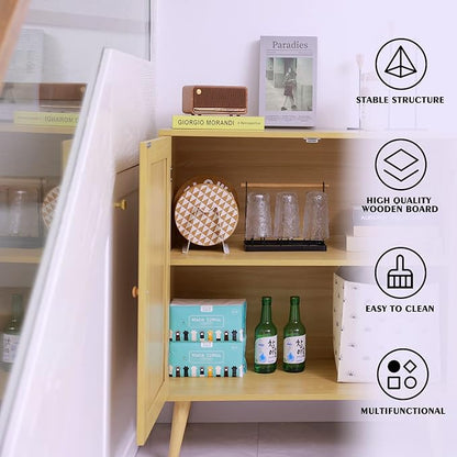 EOYUTLLY Sideboard Buffet Cabinet, Kitchen Buffet Storage Cabinet with Rattan Doors, Accent Cabinet with Adjustable Shelves for Hallway,Kitchen,Living Room, 31.5 x 15.7 x 35 Natural, Assemble Easily