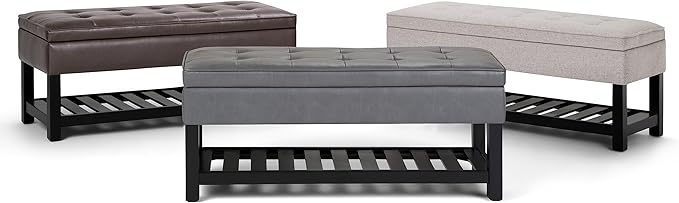 SIMPLIHOME Cosmopolitan 44 inch Wide Transitional Rectangle Storage Ottoman Bench with Open Bottom in Cloud Grey Linen Look Fabric, Assembled for the Living Room and Bedroom