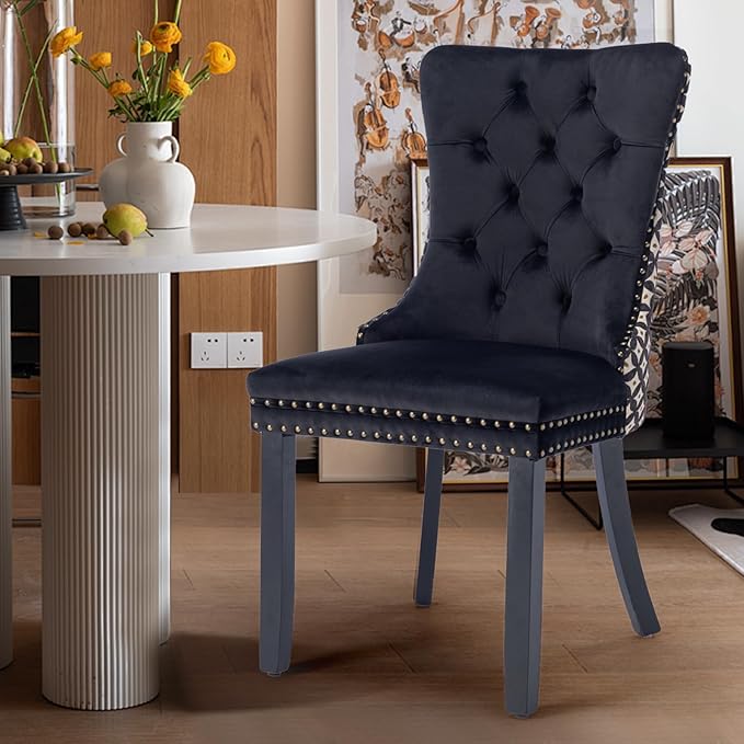 Velvet Upholstered Dining Chairs Set of 8, Modern Style Kitchen Side Chairs with Nailhead Trim and Wood Legs,Metal Pulling Ring for Dining Room Living Room(Quadrangular Star&Black)