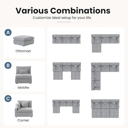 Oversized Modular Sectional Sofa with Chaise,192inch Cloud Couch Deep Seat Sofa Cushion Covers Removable, Down Filled Linen 9 Seater Sectional Couches for Living Room, Gray