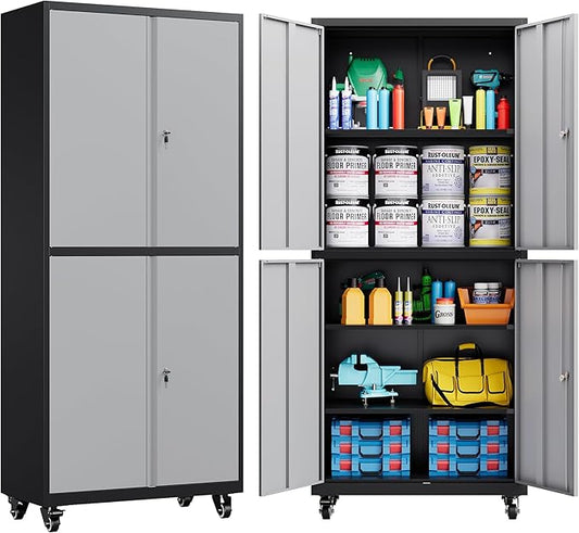 SISESOL Metal Storage Cabinet with Wheels,Rolling Garage Storage Cabinet with Lock,Gray Lockable Metal Cabinets with Shelves,Tall Tool Cabinets on Wheels for Garage,Home,Office,Shop