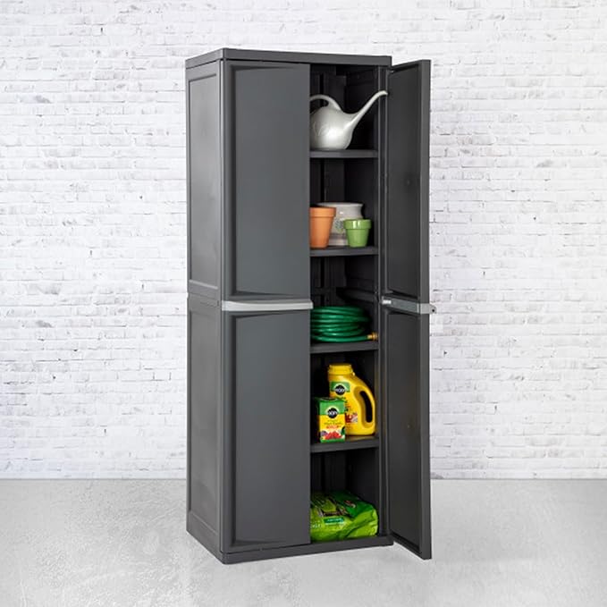 Sterilite 4 Shelf Cabinet, Lockable Utility Storage w/ Adjustable Shelves, Gray - Plastic Shelving Unit for Organizing Garage, Pantry, Basement, Laundry Room or Mudroom