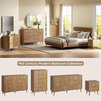CARPETNAL Fluted 9 Drawer Dresser for Bedroom, 55" Wide Wooden Chest of Drawers with Rounded Corners, Gold Handles, Modern Storage Organizer for Bedroom, Hallway(Walnut)