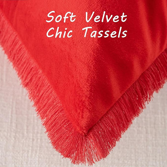 FUTEI Christmas Red Velvet Decorative Throw Pillow Covers 20x20 Set of 2,Soft Cozy Edge with Tassels Cushion Case,Boho Modern Home Decor for Couch Bed Living Room