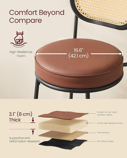 VASAGLE Bar Stools Set of 2, Bar Height Stools with Rattan Back and Metal Legs, 30.1-Inch Tall Counter Chairs, Modern Leather Upholstered Barstools for Kitchen Island Dining Room, Caramel Brown