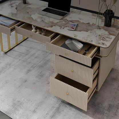 RUNNUP Stone top Computer Desk with 5 Drawers, Rectangular Home Computer Desk Writing Desk, Modern Executive Desk, Without Chairs, Black, 63" L x 23.5" W x 29.5" H
