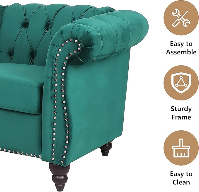 Home Sofa Living Room Furniture, 3 Seater 84" Velvet Upholstered Couch, Mid Century Modern Comfy Couch with Cushions, Classic Tufted Chesterfield Couches for Bedroom, Office, Apartment (Green)