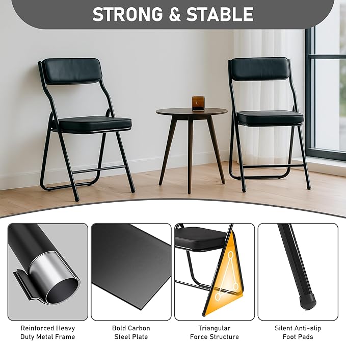 2 Pack Padded Folding Chairs with Cushion, Foldable Dining Chair Set Portable Indoor Outdoor Stackable Folding Chairs with Steel Frame for Home Office Events Wedding Party Black