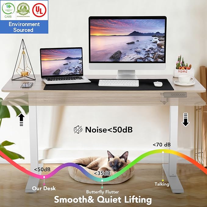 farexon Electric Standing Desk 63 x 24In with Outlets, Adjustable Height Stand up Desk with Large Mouse Pad, Double Hooks and 4 Wheels, 27''-46'' Lifting Range, Easy to Set for Home/Office(Oak Gray)