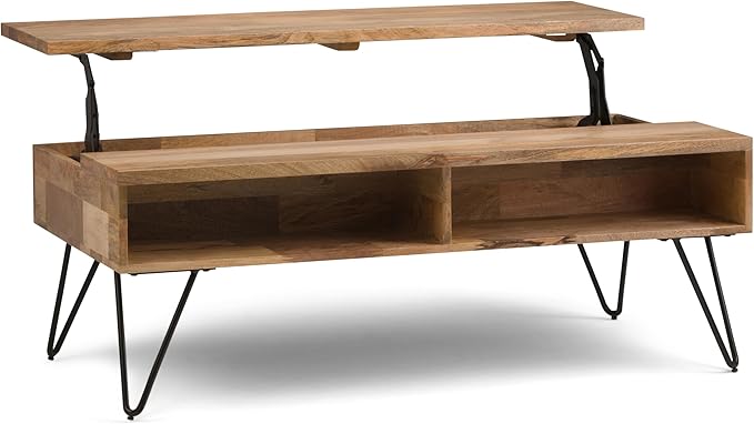 SIMPLIHOME Hunter Lift Top Coffee Table - 48 inch Wide Solid Mango Wood and Metal Industrial Cocktail Table in Natural, Functional Living Room Table with 2 Storage Cubbies and Hairpin Legs