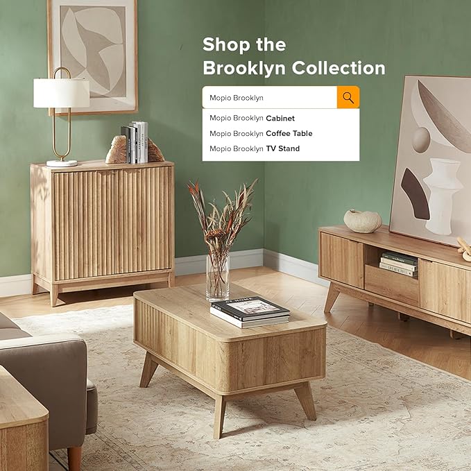 mopio Brooklyn Storage Cabinet, Modern Farmhouse Entryway Accent Case, Buffet Sideboard, Console Table, Credenza, Wood Modular Organizer with Doors & Shelf, Fluted Panel Cupboard (Oak, Single)