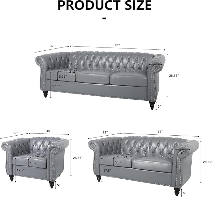 Accent Sofa Chair for Living Room, Modern PU Leather Upholstered Armchair, Oversized Comfy Single Sofa Chair with Cushion, Mid Century Tufted Chesterfield Sofa Couch for Bedroom, Apartment (Grey)