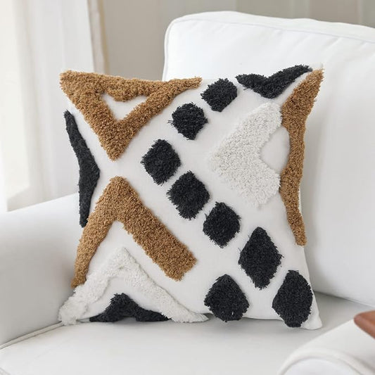 IKATYARN 18 x 18 Inches Geometric Tufted Chenille Throw Pillow Cover, Boho Modern Decorative Cushion Case, Farmhouse Pillowcase for Couch Sofa Bedroom Living Room, Tan Charcoal White