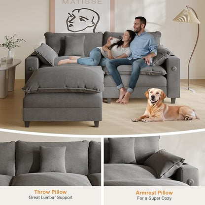 Cloud Couch, Modular Sectional Sofa with Ottoman, Charging Station, Throw Pillows, Cup Holders, Modern Convertible L Shaped Couches for Living Room, Bedroom (Grey, 80.7"- L Shape)