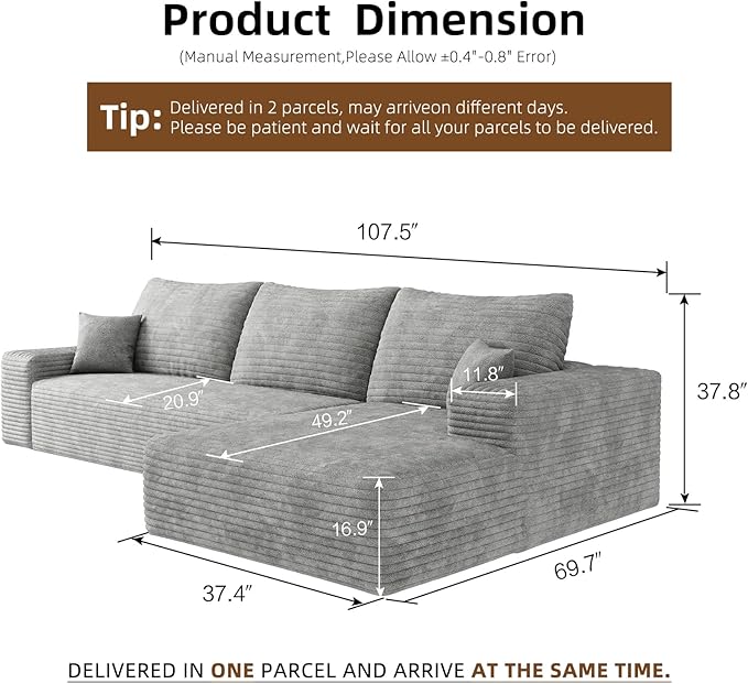107.5" Cloud Modular Sectional Sofa with L-Shape Chaise, Modern Upholstered Couches for Living Room, Deep Seat Boneless Couch, No Assembly Required, Plush Corduroy Fabric (Grey, Right Facing Chaise)