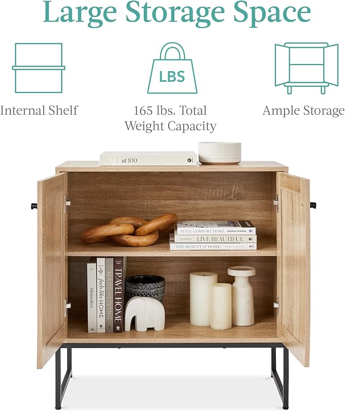 Best Choice Products 2-Door Rattan Storage Cabinet, Accent Furniture, Multifunctional Cupboard for Living Room, Hallway, Kitchen, Sideboard, Buffet Table w/Non-Scratch Foot Pads - Natural