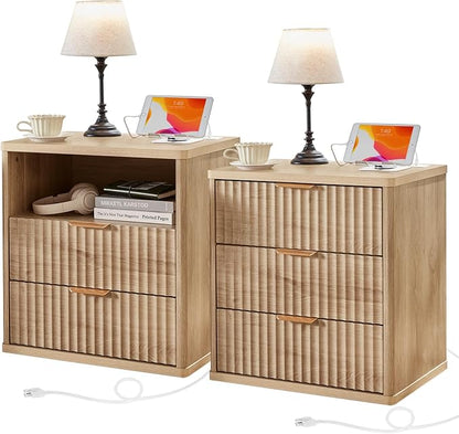 LEYAOYAO Fluted Farmhouse Nightstand Set of 2 with Charging Station, 23" Wide 2 & 3 Drawers Large End Table with Metal Handle, Natural Night Stand Bedside Table, Wood Dresser for Bedroom,Closet