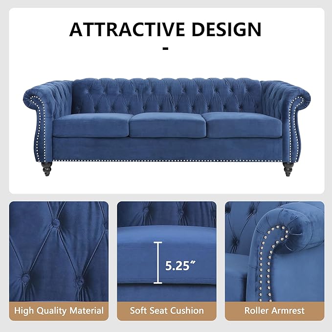 Velvet Sofa Couches Set, 3-Piece Mid Century Modern Upholstered Couch with Cushions, Home Sofa Sectional Furniture Sets, Comfy Tufted Chesterfield Couches for Living Room, Bedroom, Office