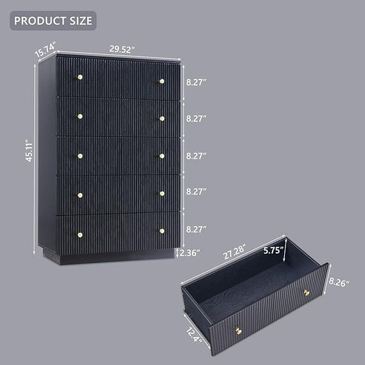 Fluted Dresser for Bedroom, Black 5 Drawer Dressers, Wood Tall Dresser Storage Organizer, Chest of Drawers with Deep Storage, Modern Bedroom Chest for Closet Hallway, Entryway, Living Room