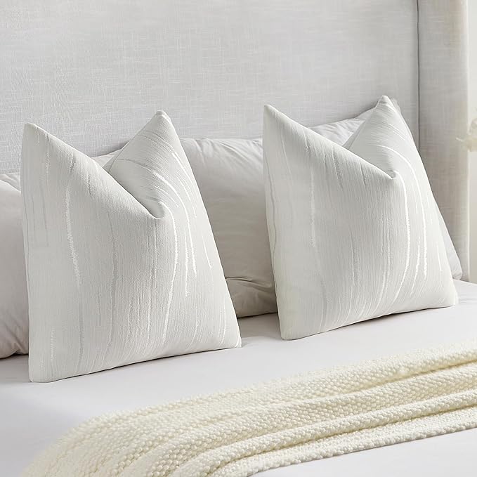 FUTEI White Chenille Decorative Throw Pillow Covers 18x18 Inch Set of 2,Soft Embossed Striped Textured Cushion Case,Modern Home Decor for Couch Bed Living Room