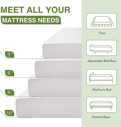 EGOHOME 6 Inch Queen Size Mattress for Kids, Memory Foam Mattress with Cooling Green Tea Gel, Relieve Pressure with Medium Firm Support, CertiPUR-US Certified, 80''L x 60''W, White