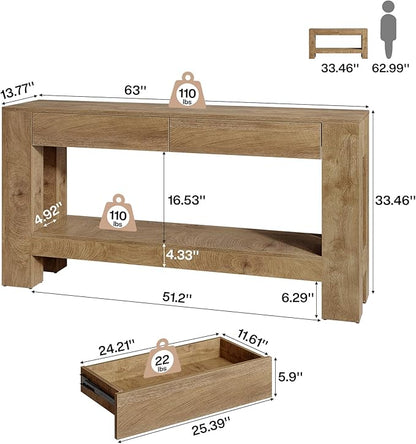Tribesigns 63" Console Table with 2 Drawers, Farmhouse Entryway Table with Storage Shelf and Sturdy Legs, Wooden Sofa Table for Living Room, Hallway, Entrance (Brown)
