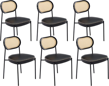 Rattan Dining Chairs Set of 6, Black Leather Upholstered Dining Chairs with Rattan Cane Back, Mid Century Modern Dining Room Chairs with Black Metal Legs & D-Shaped Thicken Cushion