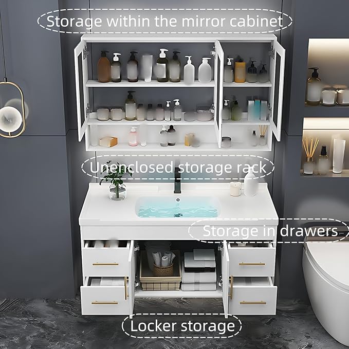 60IN Modern Bathroom Vanity - LED Intelligent Mirror Cabinet Includes Time Display & Defogging | Bathroom Cabinet with Sink & Open Storage Compartments, Ceramic Washbasin, 4 Drawers (Style A)
