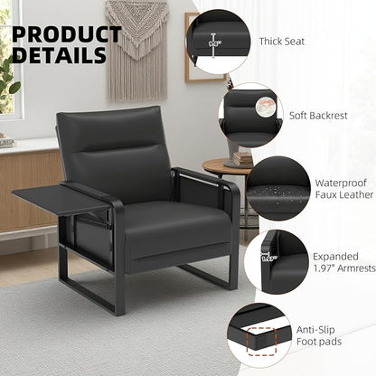 Upholstered Accent Sofa, Modern Faux Leather Sofa Chair with Foldable Side Tray Table & Storage Pocket, Small Accent Sofa for Living Room, Bedroom, Reception Room, Black