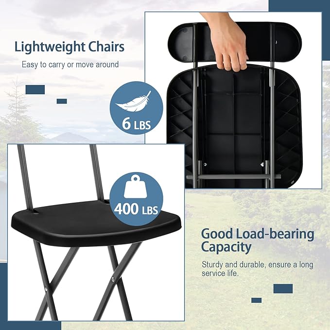 GYMAX Folding Chair, 400lbs Plastic Chairs Set with Steel Frame & Ergonomic Curved Back, Indoor & Outdoor Commercial Event Seat for Meeting, Wedding, Stackable Lightweight Folding Chairs (2, Black)
