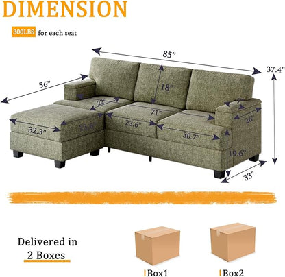 85'' L Shaped Couch with Armrest Organizer,Comfy 3 Seats Sofa with Thick Cushion,Chenille Sectional Couches for Living Room,Bedroom,Apartment,Sofa Set with Oversized Chair,Home Furniture,Green