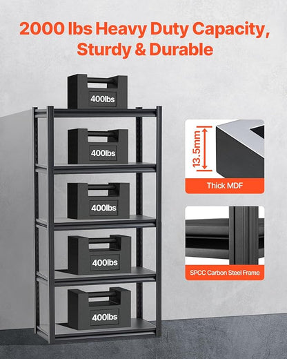 VEVOR Storage Shelves, 2000 lbs, 5 Tier Garage Storage Shelving, 16" D x 32" W x 63" H Adjustable Metal Shelves for Garage Shelves Utility Rack Shelf, Ideal for Kitchen, Warehouse, Basement, Black
