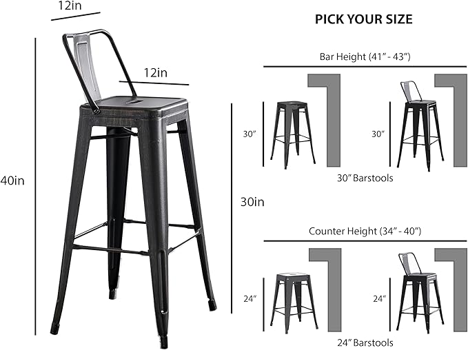 AC Pacific 30” Metal Barstool Set of 2 – Country Rustic Style with Low Back, Lightweight & Sturdy Build, Easy Assembly – Distressed Black
