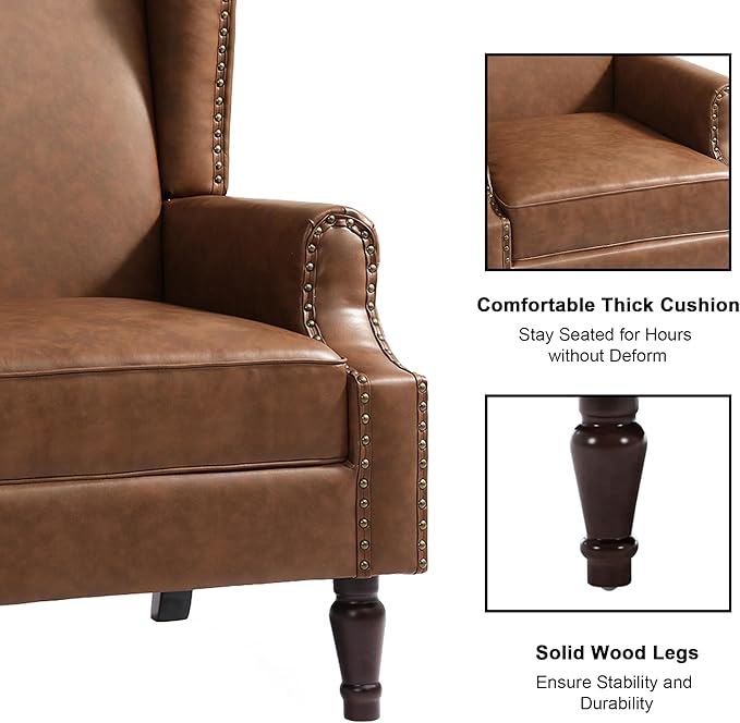 Accent Chair, Upholstered High Back Armchair with Nailhead Trim & Wood Legs, Comfy Wingback Reading Single Sofa Chair for Small Spaces, Living Room, Bedroom (Leather Brown, Set of 1)