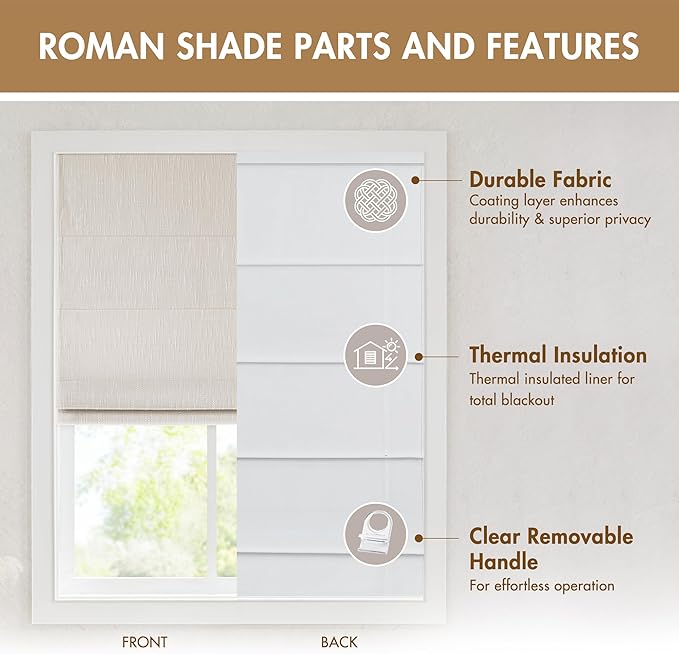 Madison Park Cordless Roman Shades, Total Blackout Window Blind Privacy Window Shades, Thermal Insulated Cordless Window Treatment for Bedroom, Living Room, Quincy, Single Panel 31" W X 64" H Linen