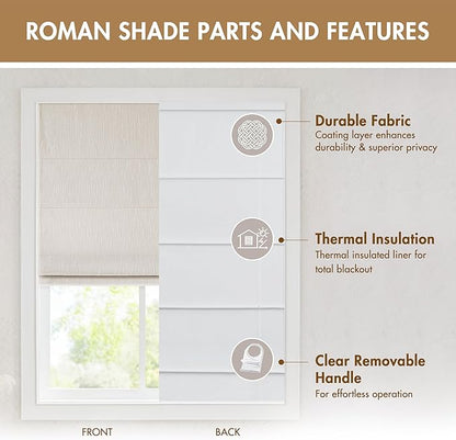 Madison Park Cordless Roman Shades, Total Blackout Window Blind Privacy Window Shades, Thermal Insulated Cordless Window Treatment for Bedroom, Living Room, Quincy, Single Panel 31" W X 64" H Linen