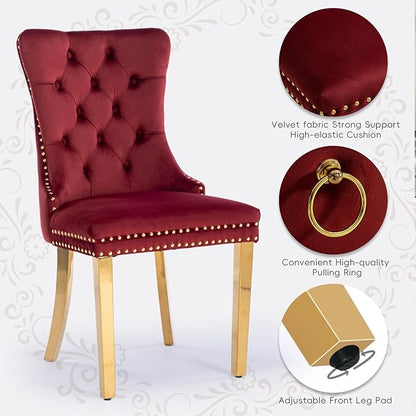 Velvet Upholstered Dining Chairs Set of 2, Modern Style Kitchen Side Chairs with Nailhead Trim and Gold Plated Leg, Metal Pulling Ring for Dining Room Living Room(Wine Red-Gold Plated Leg)